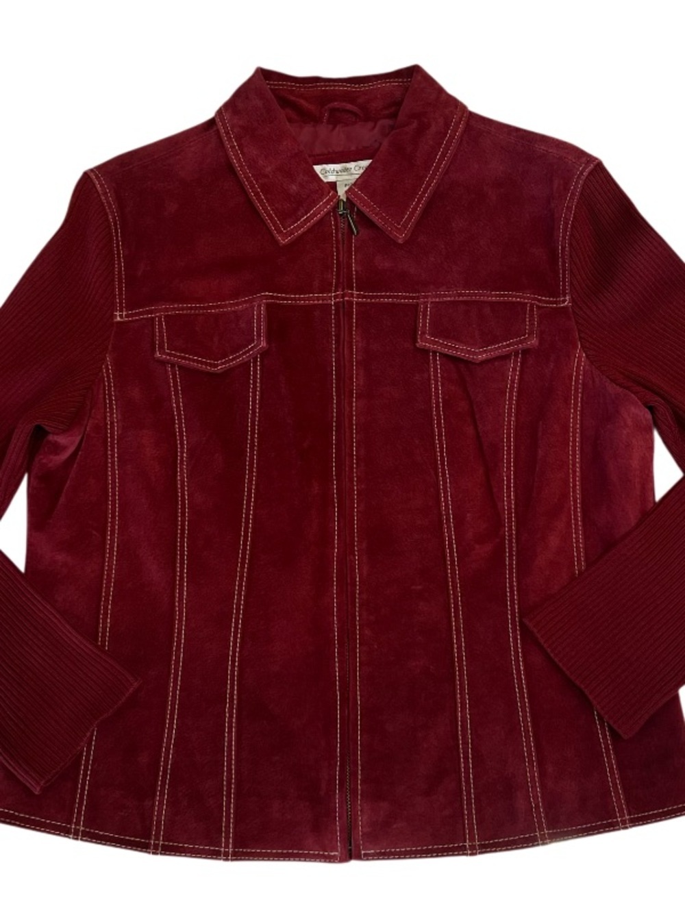 Coldwater Creek Burgundy Deep Red Leather Jacket Rib Knit Sleeve Mixed Media - Picture 3 of 9